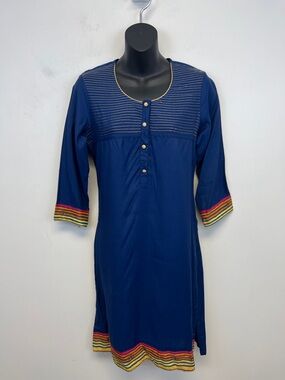 W Elegant Blue Women's Kurta with Gold threading and Multicolor Accents Size S